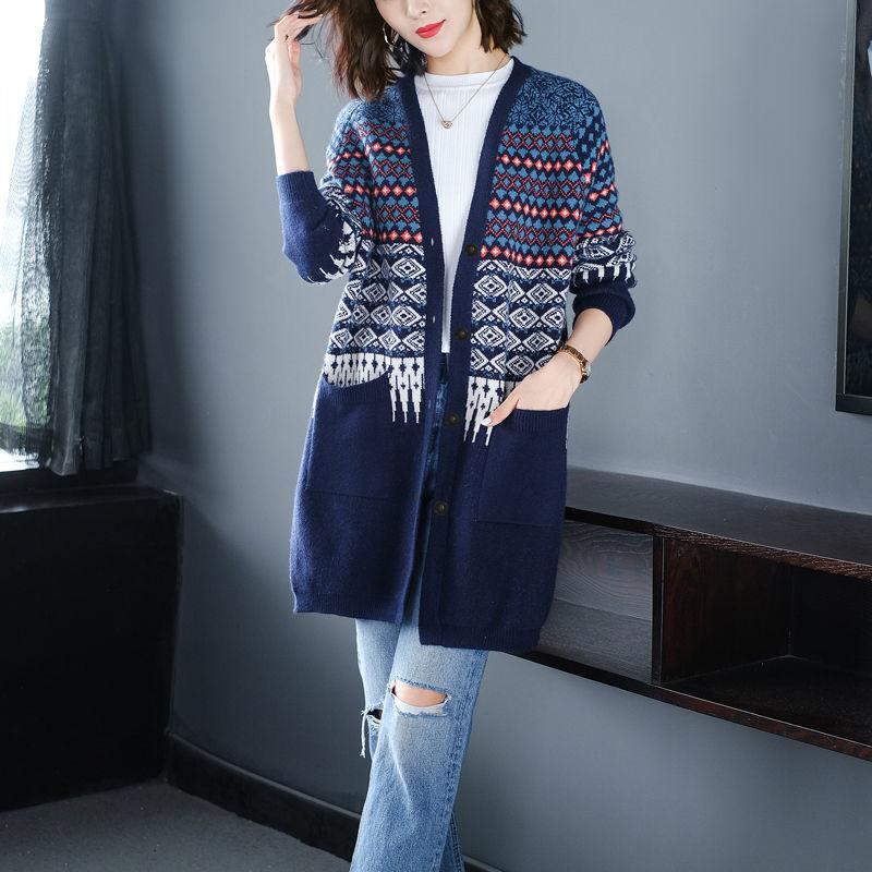 Spring and Autumn Knitted Cardigan Sweater Mid-length Loose Casual Sweater Fashion Jacquard Female Jacket