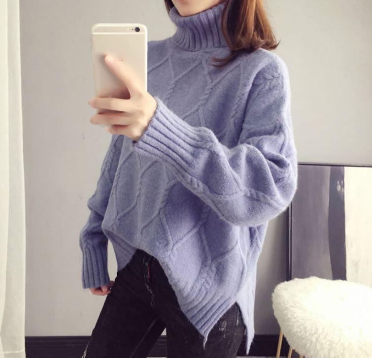 Winter Thickened Turtleneck Women's Sweater Fashion Solid Color Threaded Pullover Sweater Loose Large Size