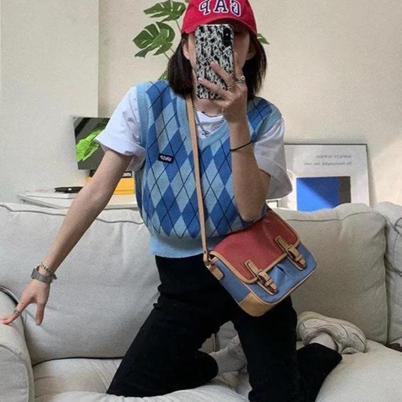 Short British Style Blue Knit Sweater Vest Vest Women Loose All-match Sleeveless Top Women's Thin Sweater College Style Casual Style