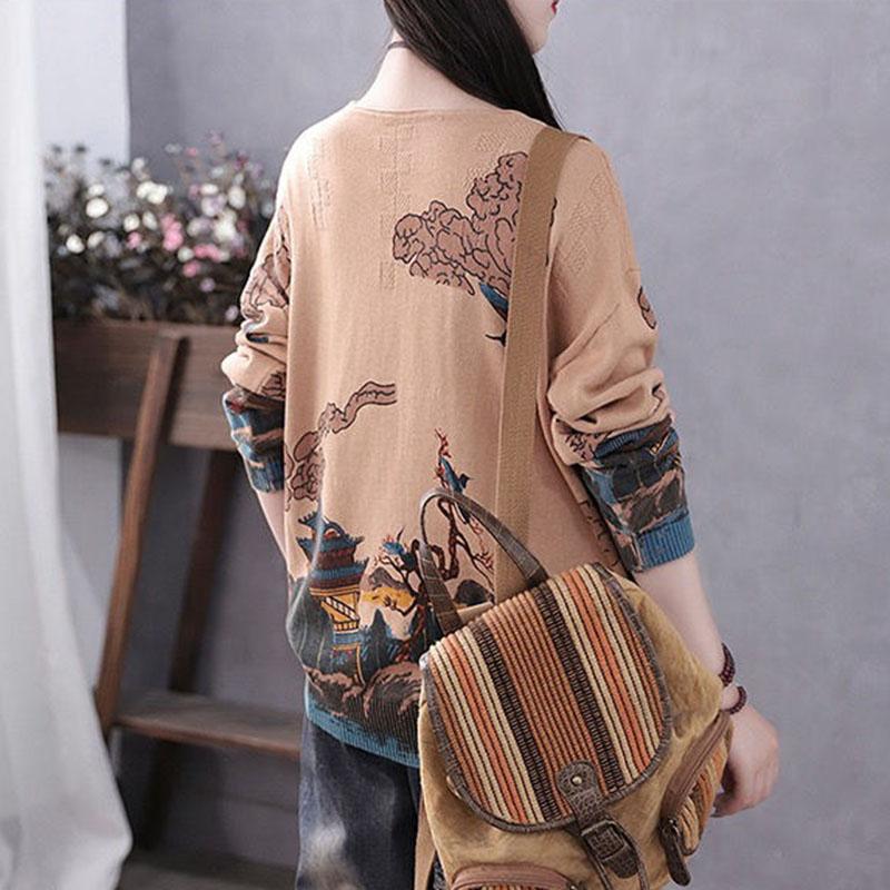Vintage  Literary Print Long-sleeved Sweater Women Fall/winter Oversized Knit Sweater Outwear  Pullover Jumper Top with Pocket