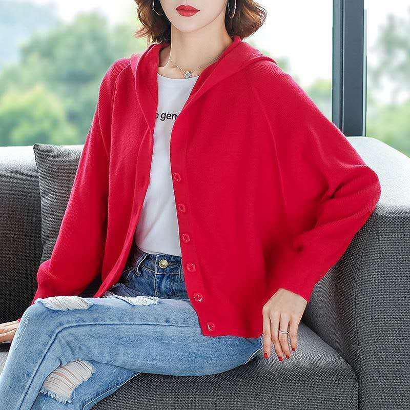 Autumn and Winter Cropped Hooded Top Simple Loose Knit Sweater Fashion Cardigan