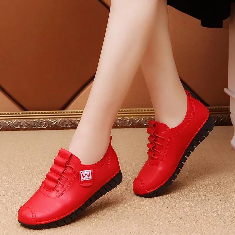Red Single Shoes Women's Spring and Autumn Loafers Soft Bottom Non-slip Flat Leather Shoes Casual Shoes