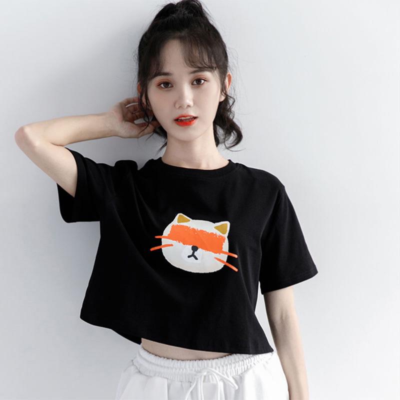 100% Cotton Summer Thin Hong Kong Style Short Short Sleeve T-shirt Women Cartoon Printing Solid Color Short Top