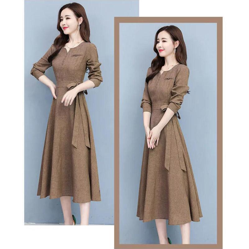 Long Sleeve Fashion Dress Female Spring Summer Korean Style Noble Temperament Slim Slimming Cotton and Linen Midi Skirt