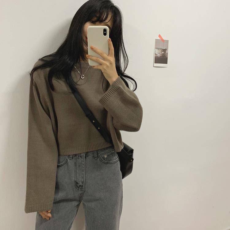 Pofulove Autumn Winter Wild Long-sleeved Pullover Sweaters Female Students Short Loose Base Coat