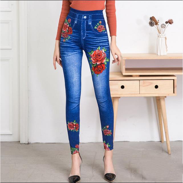 Colorful Floral Sexy Womens Skinny Blue Jean Denim Leggings Stretchy Jeggings Pants