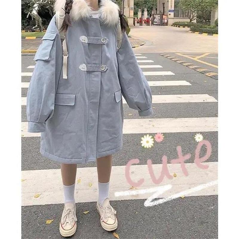 College Style Embroidered Cute Gray-blue Mid-length Cotton-padded Jacket Female Student