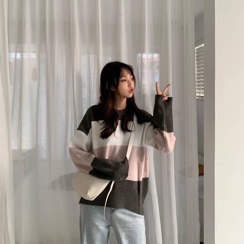Pofulove Round Neck Loose Sweater Female Students Were Thin Wild Color Matching Long-sleeved Sweater