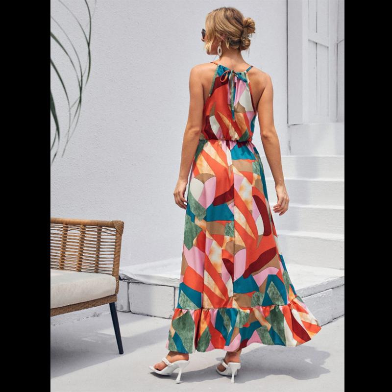 Patchwork Print Ruffle Hem Halter Dress Holiday Style Long Sleeveless Dress