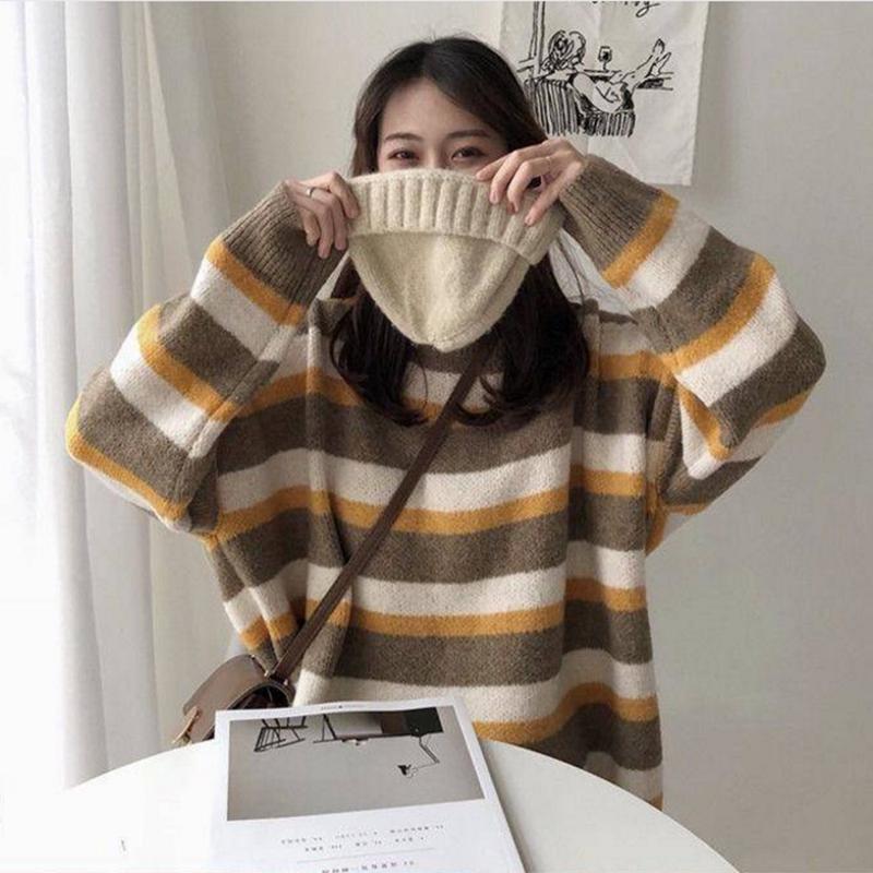 Pofulove Slim Thick Joker Bottoming Sweater Warm sweater Winter New Loose Contrast Striped Sweater