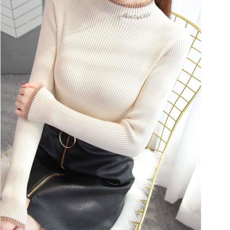 Women Embroidered turtleneck sweater long sleeve Pullover slim tight-fitting jumper top winter