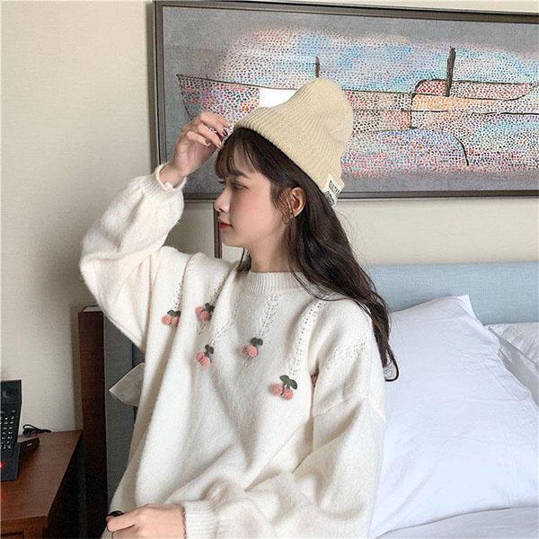 Autumn and Winter Sweater Women Loose Sweet Three-dimensional Cherry Pullover Student Long-sleeved Sweater Outer Wear Sweater