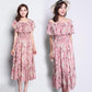 Fashion Boho Off Shoulder Floral Ruffle Hem Belted Summer Long Dress A Line Party Elegant Dresses