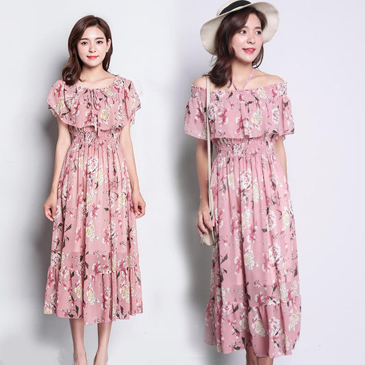 Fashion Boho Off Shoulder Floral Ruffle Hem Belted Summer Long Dress A Line Party Elegant Dresses