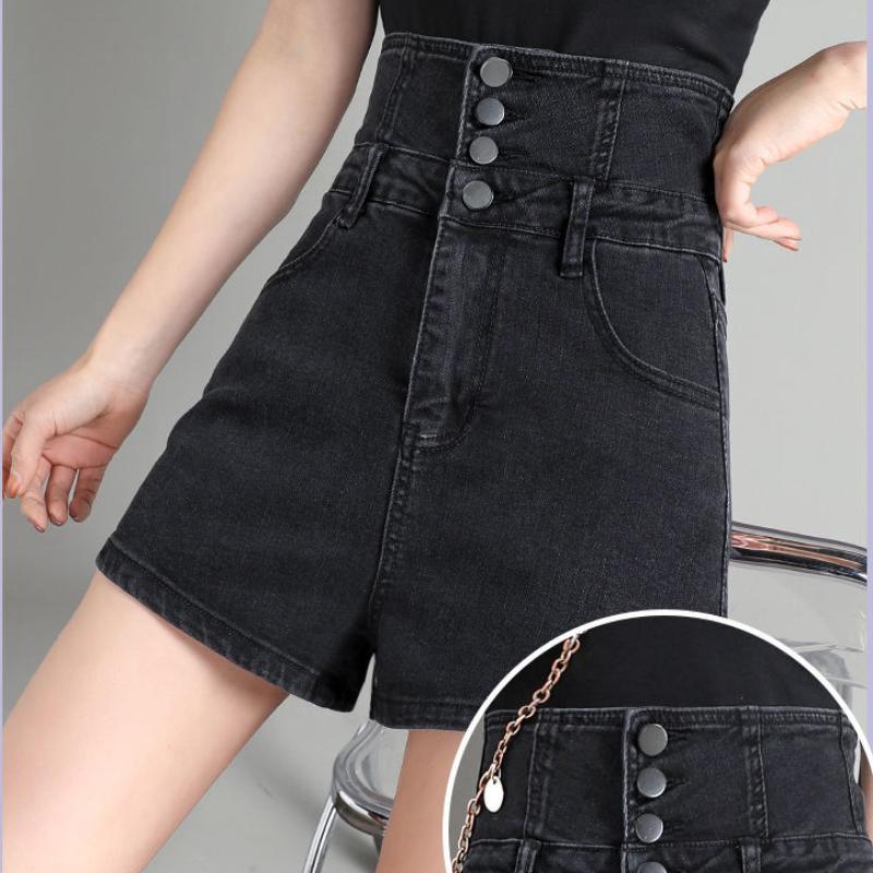 Women's Black Denim Shorts Women's Loose Straight Super High Waist Net Red Was Thin Summer A-line Pants