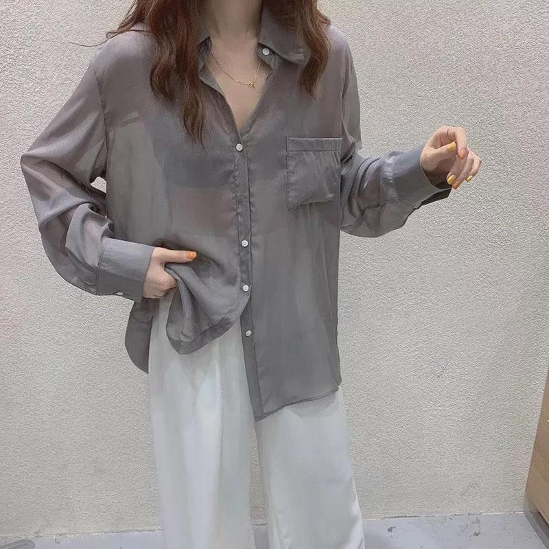 Sunscreen Shirt Chiffon Female Summer  Long Sleeve Loose Ice Silk Cardigan Tide  Turn-down Collar  Button Up Shirt
