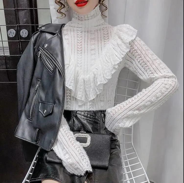 Brushed Lace Bottoming Shirt Women's Turtleneck Mesh Lace Top Slim Fit Slim Short Pullover