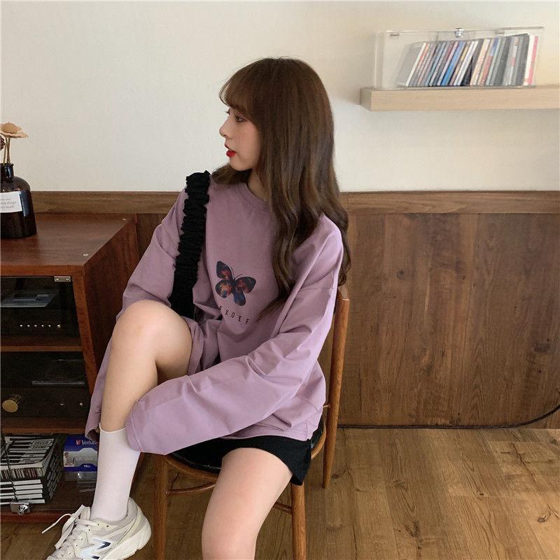 Women's Summer Tshirt Butterfly Print T-shirt Casual Loose Fall Long Sleeve Tee Top Pullover