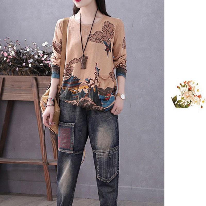 Vintage  Literary Print Long-sleeved Sweater Women Fall/winter Oversized Knit Sweater Outwear  Pullover Jumper Top with Pocket