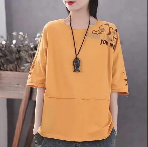 Large Size Short Sleeve Shirt Women Cotton Shirt Bear Print Casual Pullover Thin T-shirt