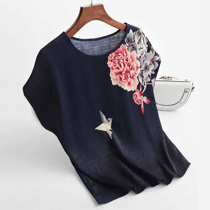 One-piece Printed Round Neck Top T-shirt Loose Short-sleeved Slimming Bottoming Shirt for Women Comfortable Cool and Breathable