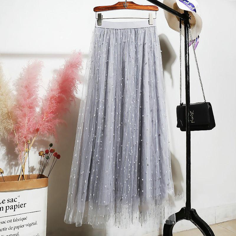 Four Seasons Can Wear Half-length Skirt Female Heavy Industry Beaded Bright Silk Gauze Sweet Fairy Long Skirt Three-layer Fabric A-line Skirt