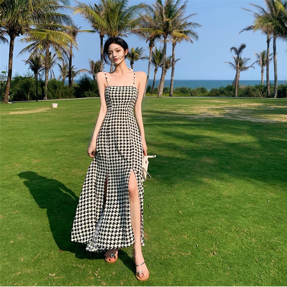 Female Vintage Slim Suspender Holiday Dress Elegant Backless Long Graceful Plaid Vacation Dress