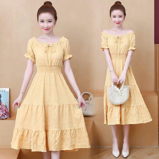 Summer One-shoulder Mid-length Dress Female French Waist Temperament Thin Fairy Skirt Gentle and Cute Retro Style Dress