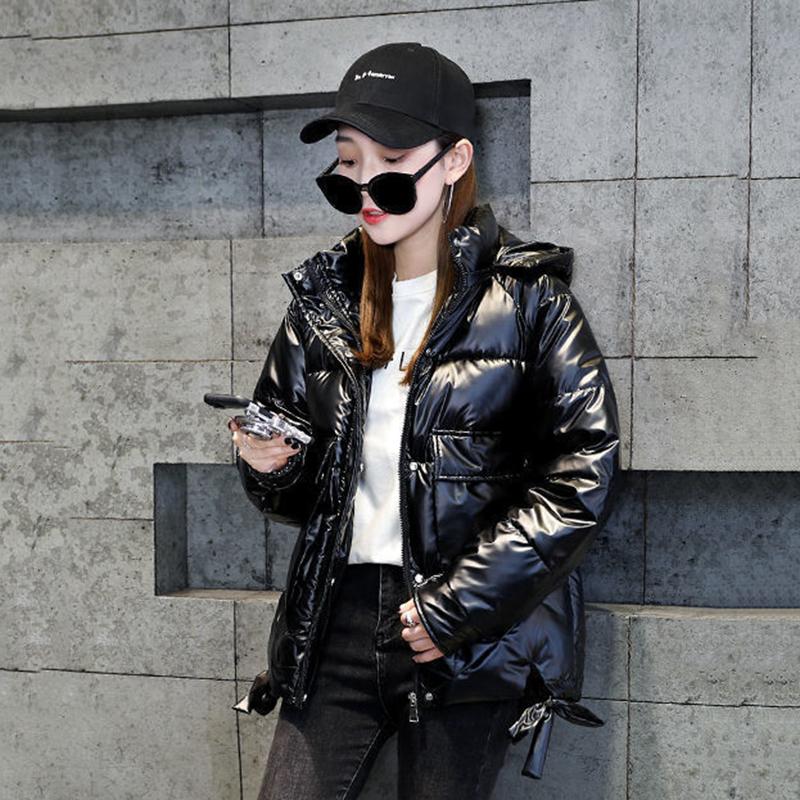 Women's Bright Print Short Down Jacket Winter Korean Loose Quilted Jacket Casual Stand-up Collar Hooded Down Jacket Quilted Jacket
