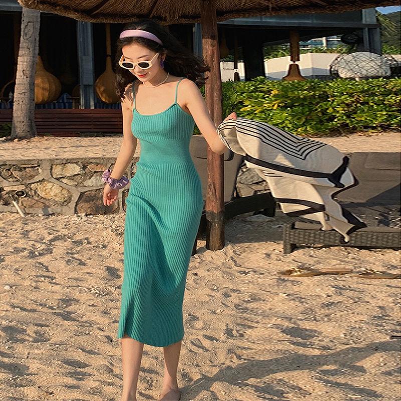 Female Vintage Slim Suspender Beach Dress Spring Elegant Backless Graceful Holiday Knitted Dress