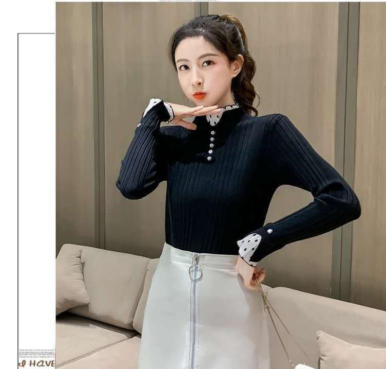Half-high Collar Padded Bottoming Shirt Autumn and Winter All-match Lace Stitching Top Long-sleeved Knitted Sweater for Ladies