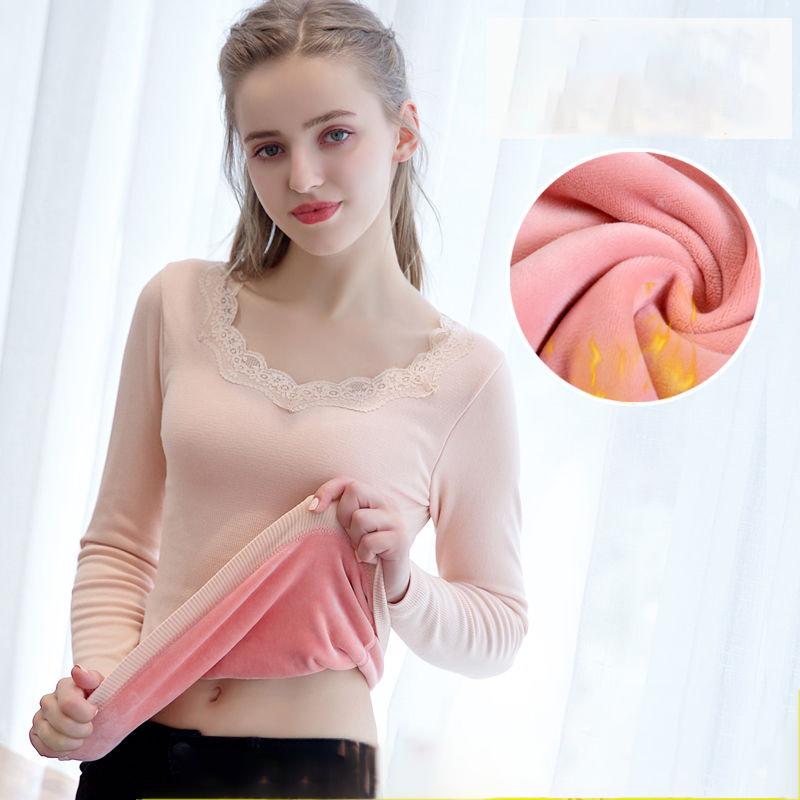Women's Thermal Underwear Thickened Plus Velvet One-piece Top Bottoming Autumn Clothes Cotton Sweater Tight