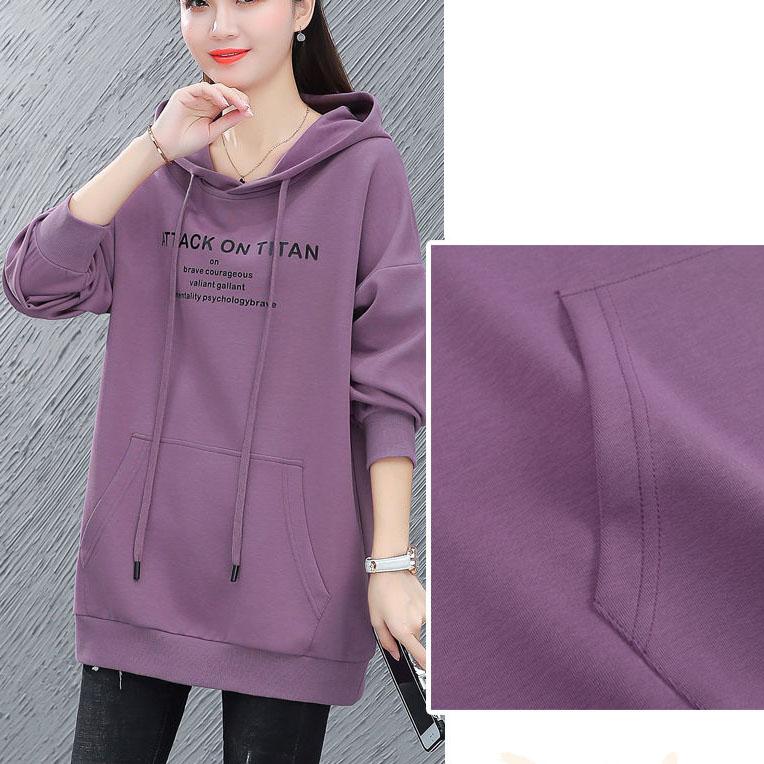 Women's Cotton Mid-length Hooded Sweater Autumn Solid Color Thin Hoodies Spring Large Size Loose Casual Coat