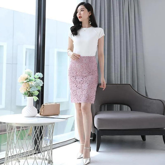 Hollow Embroidered Lace Short Skirt Large Size Hip A-line Skirt Women's Elegant Knee-length Slim Skirt Is Thin High Waist Skirt