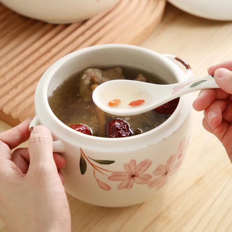Chinese Style Underglaze Cherry Blossom Ceramic Soup Cup, Steamed Egg Pot, Water-proof Soup Pot with Lid