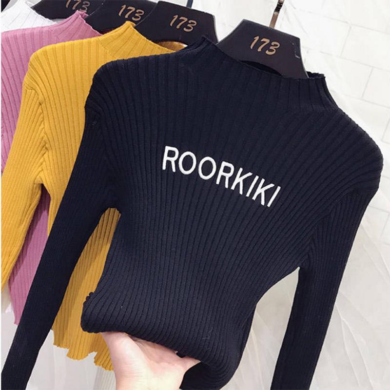 Pofulove Half Turtleneck Lettering Sweater Knit Sweater Top Retro Slim Long Sleeve Pullover