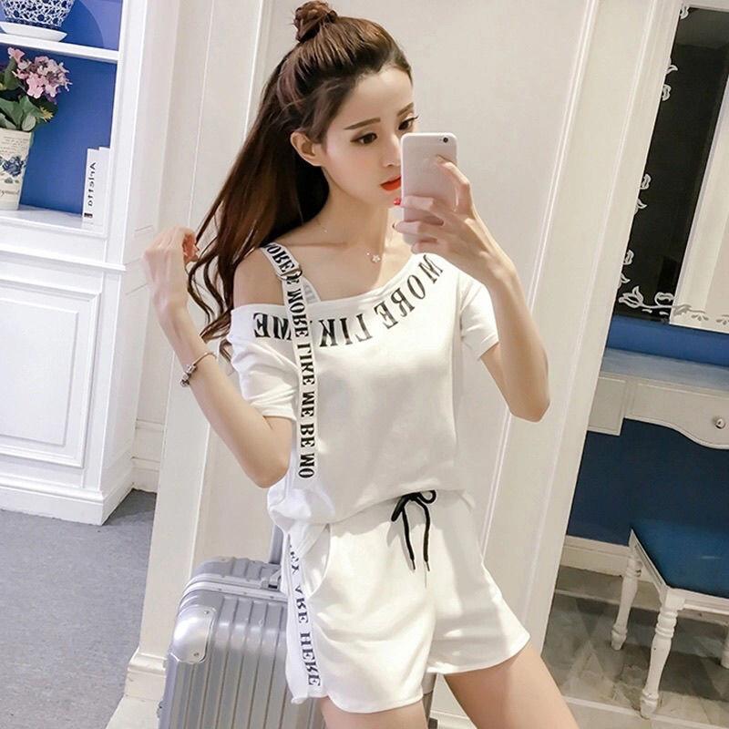 Sportswear Two-piece Suit Women's Off-the-shoulder Casual Plus Size Jacket Wide-leg Shorts Casual Suit Home Service Fabric Soft and Sweat-absorbent