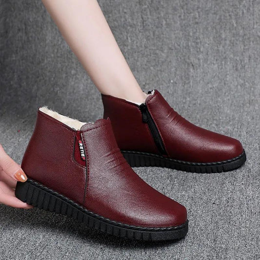 Women's Boots Thickened Warm Middle-aged Elderly Cotton Shoes Women's Winter Shoes Plus Velvet Non-slip Flat Soft Bottom Comfortable Leather Shoes