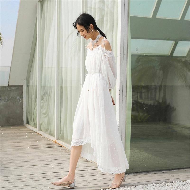Sundress Lace Long Beach Dress Spagetti Strap Crochet Polka Dot Embroidery Sexy Boho Maxi Dress