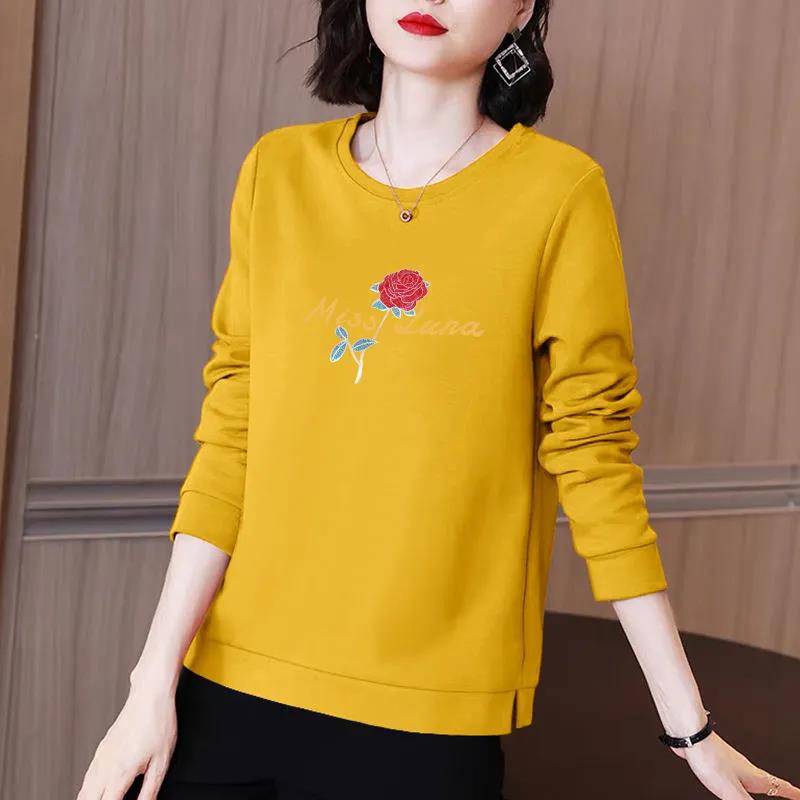 Rose Branch Print Pullover Women Cotton Shirt Long Sleeve T-shirt Casual Slit Bottoming Shirt Spring