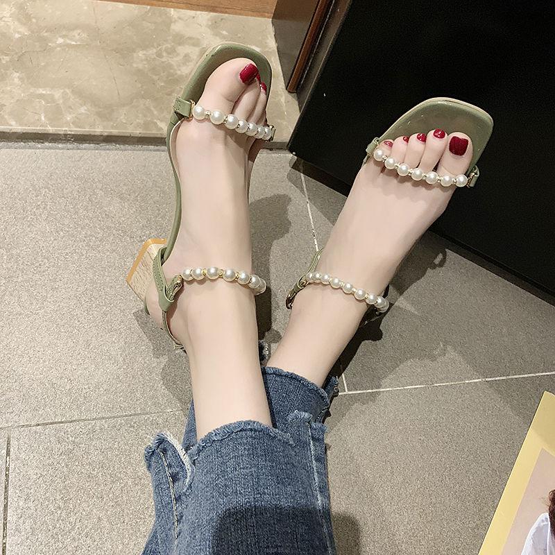 Sandals Women's Summer Korean Fashion Thick Heels High-heeled Pearl Sandals