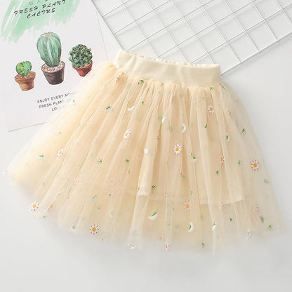 Girl Baby Short Veil Little Daisy Cute and Sweet Printed Embroidery Ruffle Elastic Waist Children's Skirts Princess Tutu A-line Skirt