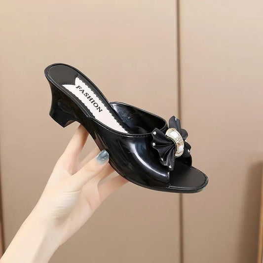 Slippers Women's Solid Color Summer Mid-heel Shoes Bow Candy Shoes One-word Sandals and Slippers Women's All-match High-heeled Sandals
