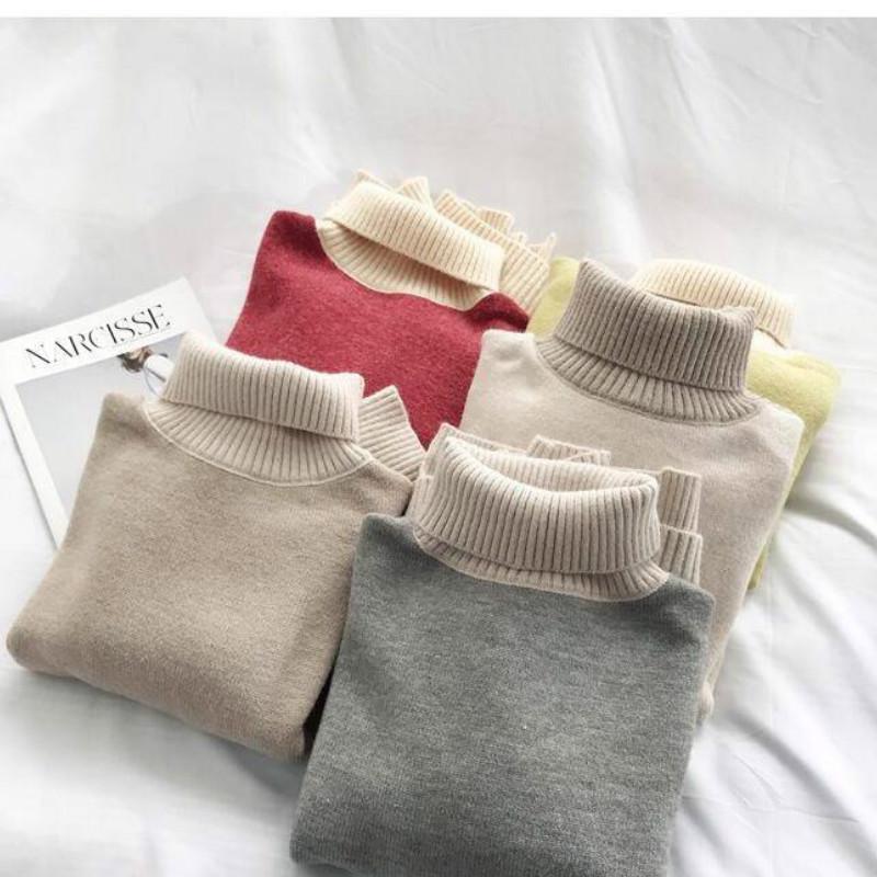 Pofulove High-neck Sweater Women Loose Thickened Pullover Hit Color Sweater Autumn and Winter