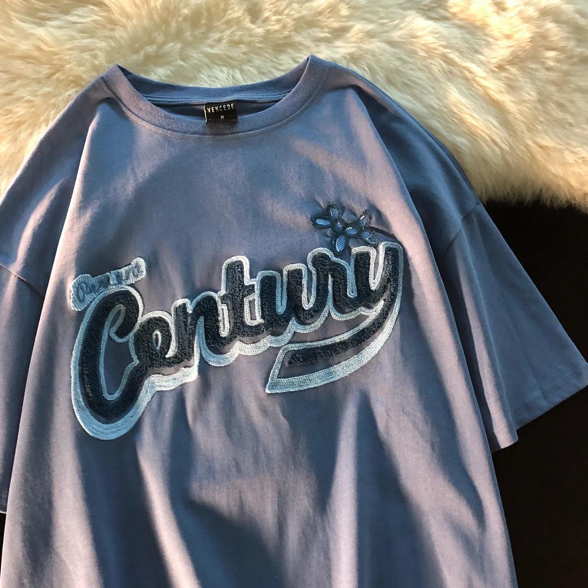 Plush embroidered Polyester Women's Summer round collar  Tees Loose Breathable  Simple Short Sleeve Harajuku all-match Cartoons style T Shirt Tops