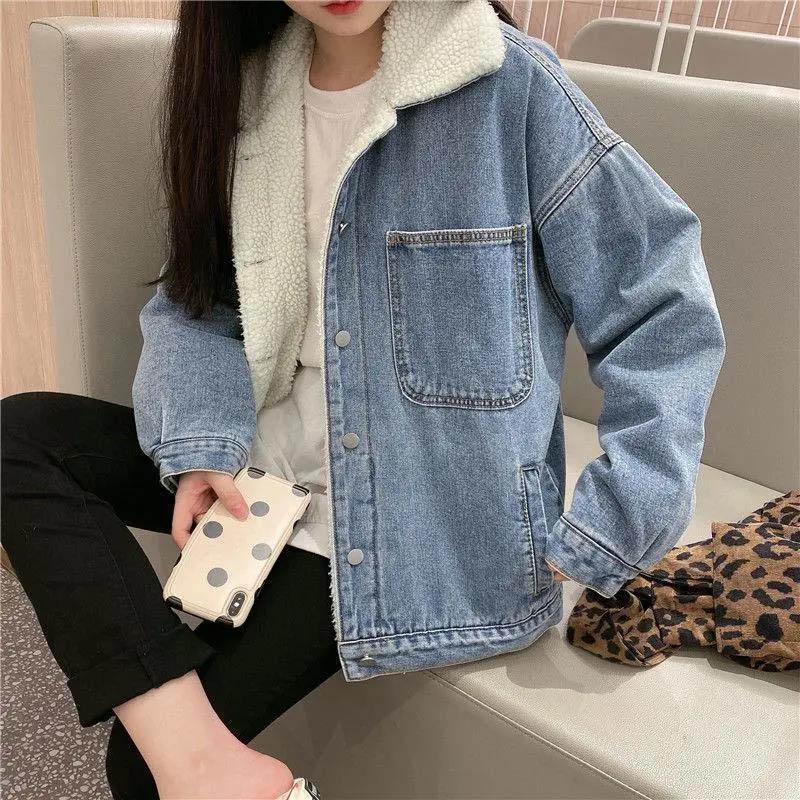 Women's Thick Denim Jacket Autumn and Winter Korean Style Wild Mid-length Lamb Hair Plus Velvet Cotton Clothes Women