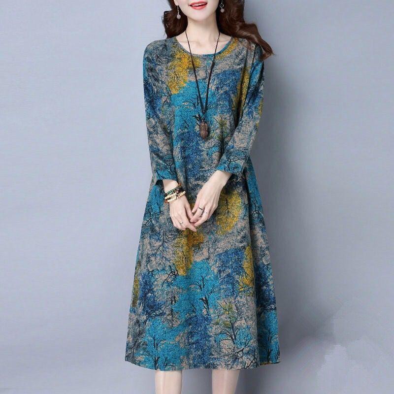 Round Neck Plus Size Loose Print Dress Short Sleeve Plus Size Women's Long Ethnic Style Long Sleeve Dress Loose Casualb