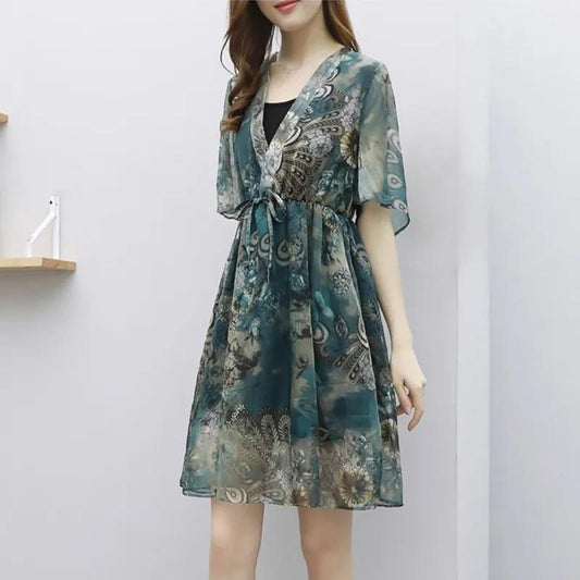 Dress 2pcs Suit  Women's Chiffon Deep V-neck Short Sleeves Above Knee Printing Strapped