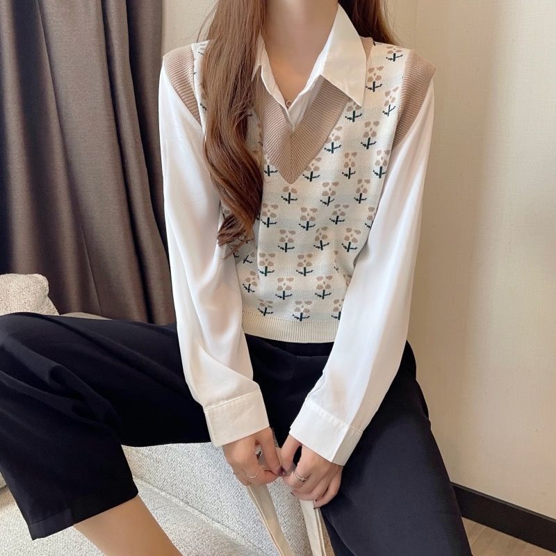Women's Vest Layered Loose V-neck Sleeveless Knitted Autumn and Winter Short Sweater