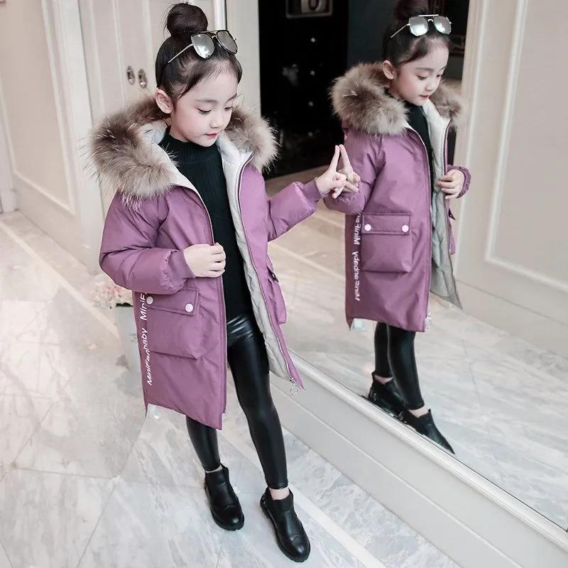 Girls' Winter Children's Clothes Western Style Padded Jacket Big Children's Mid-length Padded Hooded Padded Jacket with Fur Collar